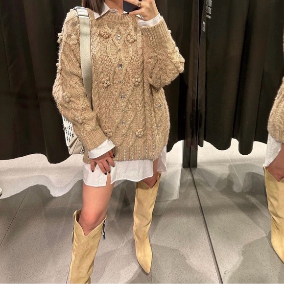 Zara boots leather suede tan camel high tops knee heels heeled cowboy - Picture 5 of 8